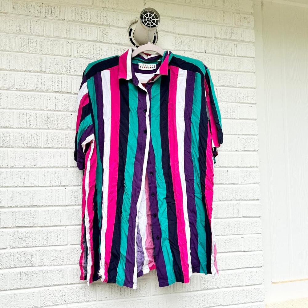 Vintage 90s Carolina Colours Striped Teal Pink Button Up Blouse